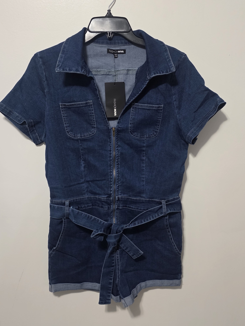 Fashion Nova Dark Blue Denim Short-Sleeve Zip Romper Jacket